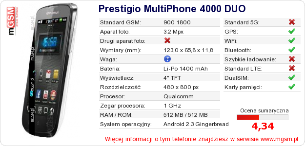 Dane telefonu Prestigio MultiPhone 4000 DUO