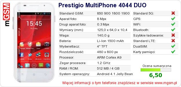 Dane telefonu Prestigio MultiPhone 4044 DUO