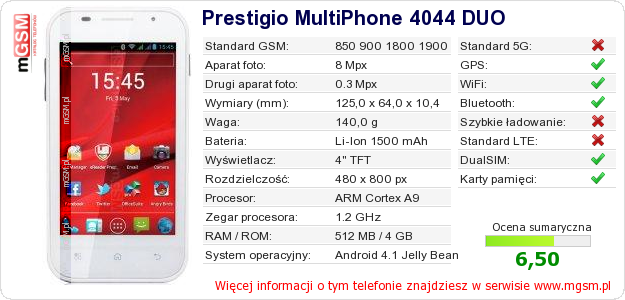 Dane telefonu Prestigio MultiPhone 4044 DUO