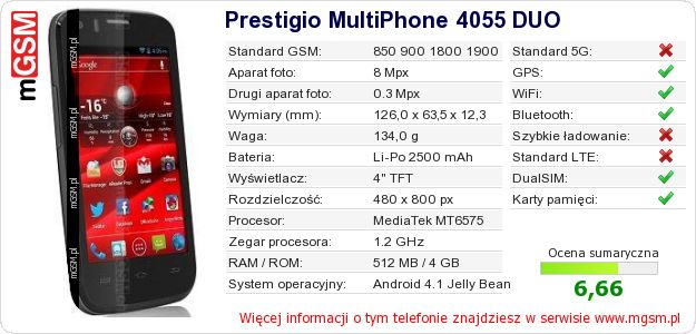 Dane telefonu Prestigio MultiPhone 4055 DUO Dane telefonu Prestigio MultiPhone 4055 DUO
