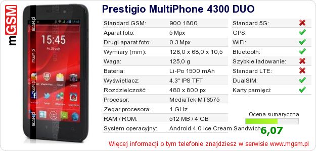 Dane telefonu Prestigio MultiPhone 4300 DUO Dane telefonu Prestigio MultiPhone 4300 DUO