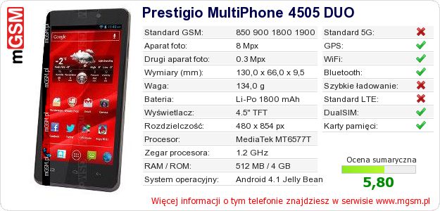 Dane telefonu Prestigio MultiPhone 4505 DUO Dane telefonu Prestigio MultiPhone 4505 DUO