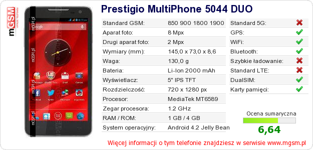 Dane telefonu Prestigio MultiPhone 5044 DUO