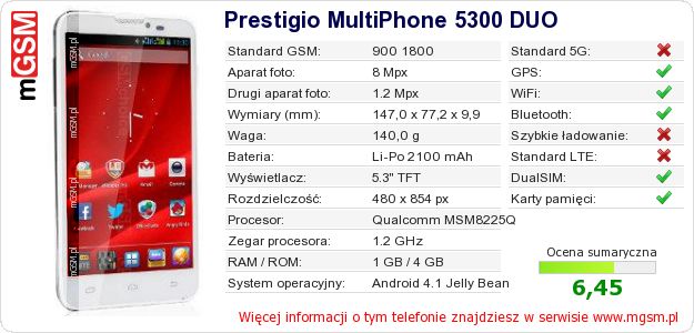 Dane telefonu Prestigio MultiPhone 5300 DUO Dane telefonu Prestigio MultiPhone 5300 DUO