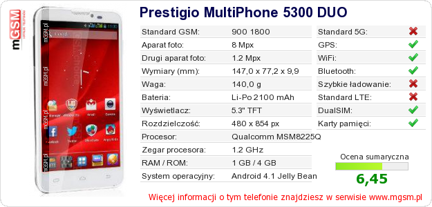 Dane telefonu Prestigio MultiPhone 5300 DUO Dane telefonu Prestigio MultiPhone 5300 DUO