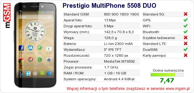 Dane telefonu Prestigio MultiPhone 5508 DUO