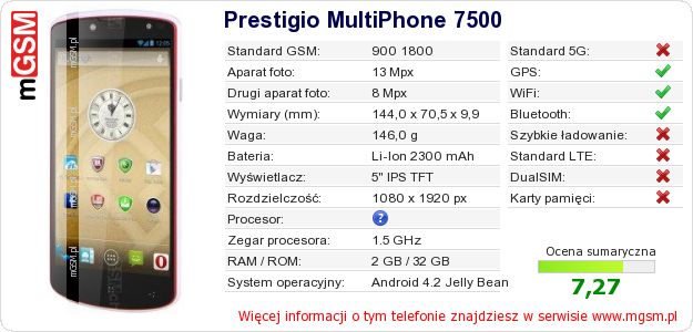 Dane telefonu Prestigio MultiPhone 7500