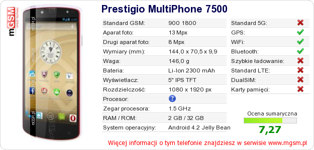 Dane telefonu Prestigio MultiPhone 7500