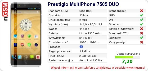 Dane telefonu Prestigio MultiPhone 7505 DUO Dane telefonu Prestigio MultiPhone 7505 DUO