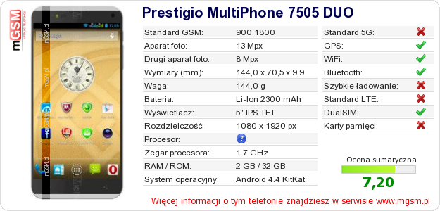 Dane telefonu Prestigio MultiPhone 7505 DUO