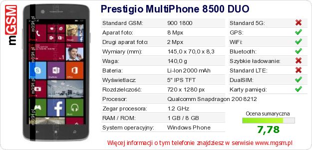Dane telefonu Prestigio MultiPhone 8500 DUO Dane telefonu Prestigio MultiPhone 8500 DUO