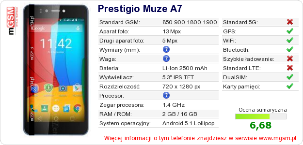 Dane telefonu Prestigio Muze A7