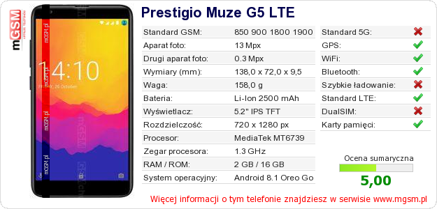 Dane telefonu Prestigio Muze G5 LTE Dane telefonu Prestigio Muze G5 LTE