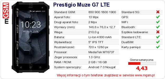 Dane telefonu Prestigio Muze G7 LTE Dane telefonu Prestigio Muze G7 LTE