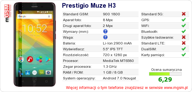 Dane telefonu Prestigio Muze H3