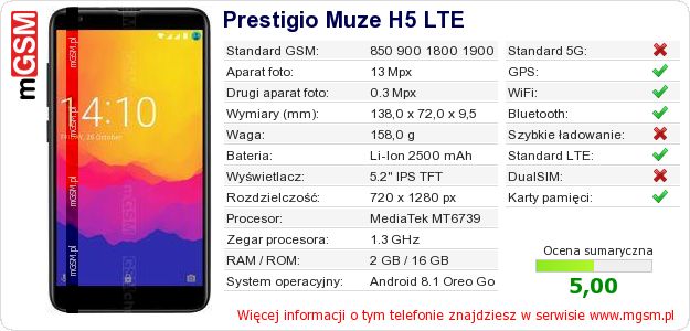 Dane telefonu Prestigio Muze H5 LTE Dane telefonu Prestigio Muze H5 LTE