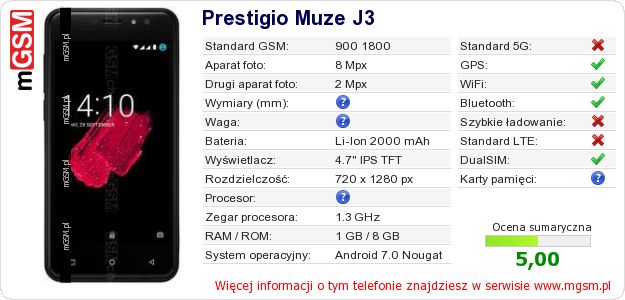 Dane telefonu Prestigio Muze J3 Dane telefonu Prestigio Muze J3