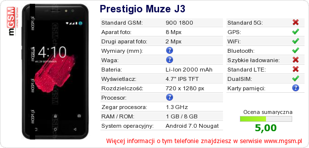 Dane telefonu Prestigio Muze J3 Dane telefonu Prestigio Muze J3