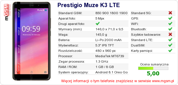 Dane telefonu Prestigio Muze K3 LTE Dane telefonu Prestigio Muze K3 LTE