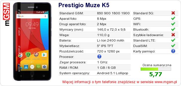 Dane telefonu Prestigio Muze K5 Dane telefonu Prestigio Muze K5