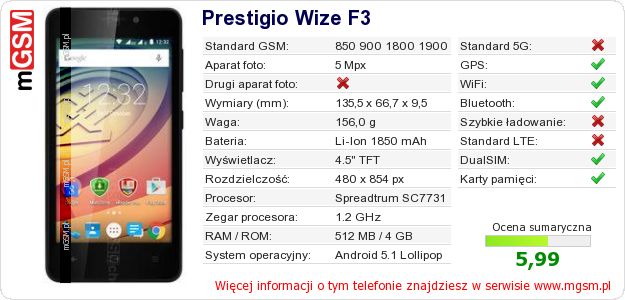 Dane telefonu Prestigio Wize F3 Dane telefonu Prestigio Wize F3