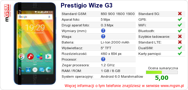 Dane telefonu Prestigio Wize G3
