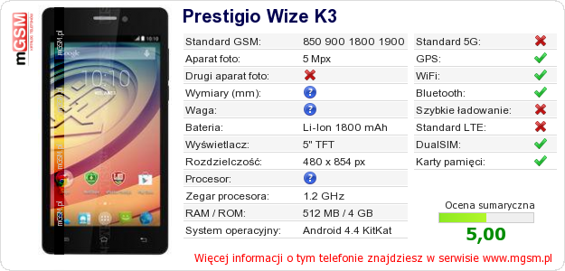 Dane telefonu Prestigio Wize K3 Dane telefonu Prestigio Wize K3