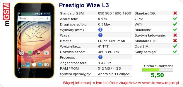 Dane telefonu Prestigio Wize L3 Dane telefonu Prestigio Wize L3