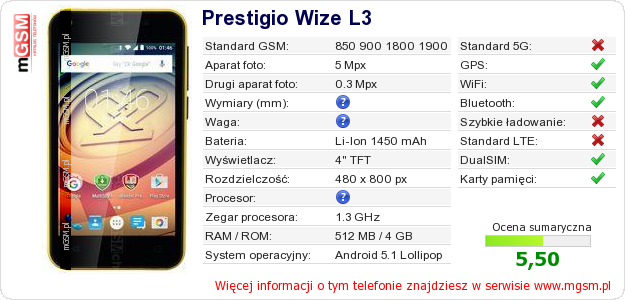 Dane telefonu Prestigio Wize L3