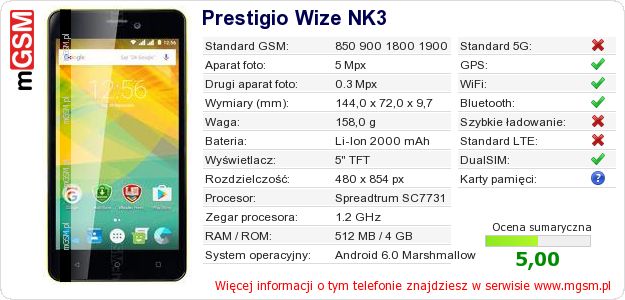 Dane telefonu Prestigio Wize NK3 Dane telefonu Prestigio Wize NK3