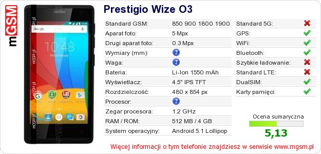 Dane telefonu Prestigio Wize O3