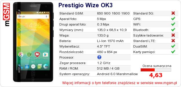 Dane telefonu Prestigio Wize OK3 Dane telefonu Prestigio Wize OK3
