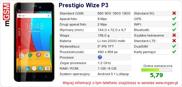 Dane telefonu Prestigio Wize P3