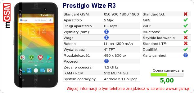 Dane telefonu Prestigio Wize R3 Dane telefonu Prestigio Wize R3