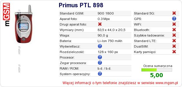 Dane telefonu Primus PTL 898