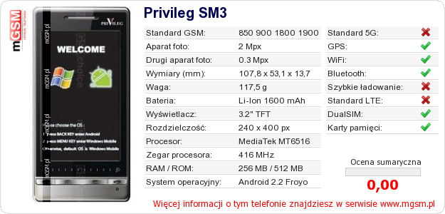 Dane telefonu Privileg SM3 Dane telefonu Privileg SM3