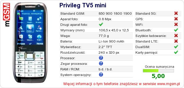 Dane telefonu Privileg TV5 mini