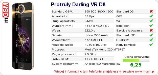 Dane telefonu Protruly Darling VR D8 Dane telefonu Protruly Darling VR D8