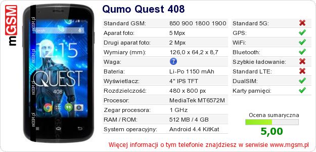 Dane telefonu Qumo Quest 408 Dane telefonu Qumo Quest 408