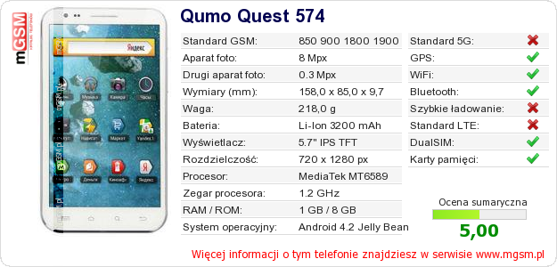 Dane telefonu Qumo Quest 574 Dane telefonu Qumo Quest 574