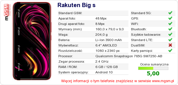 Dane telefonu Rakuten Big s