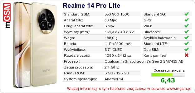 Dane telefonu Realme 14 Pro Lite