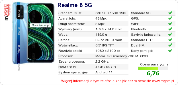 Dane telefonu Realme 8 5G Dane telefonu Realme 8 5G