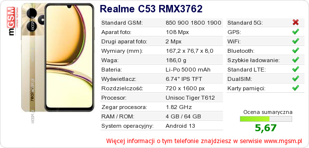 Dane telefonu Realme C53 RMX3762