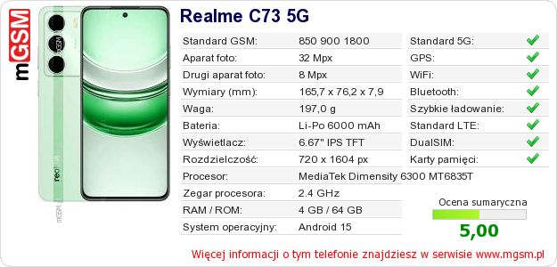 Dane telefonu Realme C73 5G Dane telefonu Realme C73 5G
