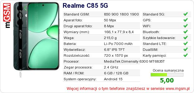 Dane telefonu Realme C85 5G Dane telefonu Realme C85 5G
