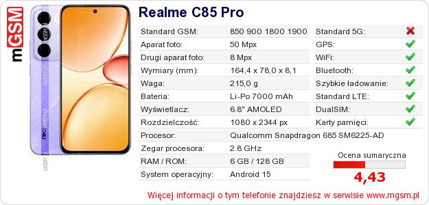 Dane telefonu Realme C85 Pro