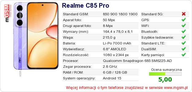 Dane telefonu Realme C85 Pro