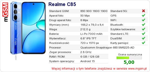 Dane telefonu Realme C85