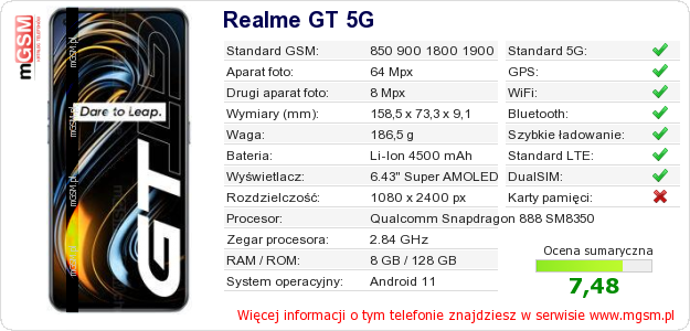 Dane telefonu Realme GT 5G Dane telefonu Realme GT 5G